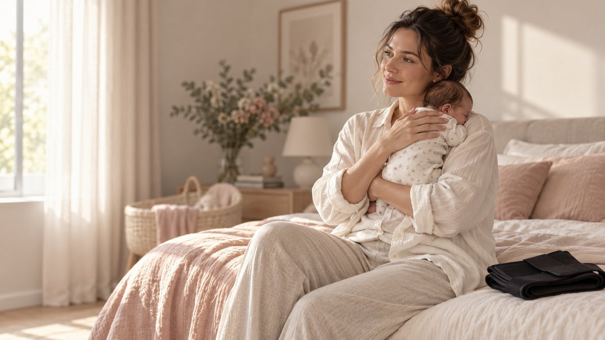 Jeune maman assise sur son lit, son nouveau-né contre l’épaule, une bande de maintien post-partum posée à côté d’elle