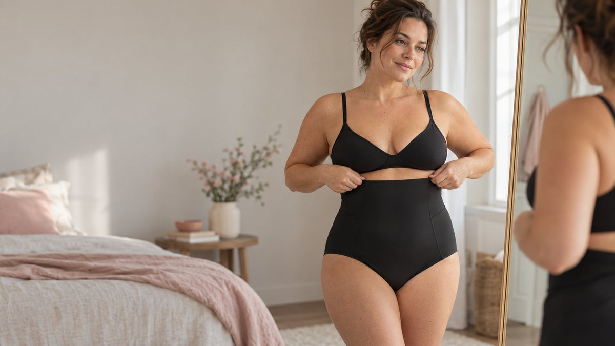 Femme ajustant le bord de sa culotte gainante taille haute devant un miroir