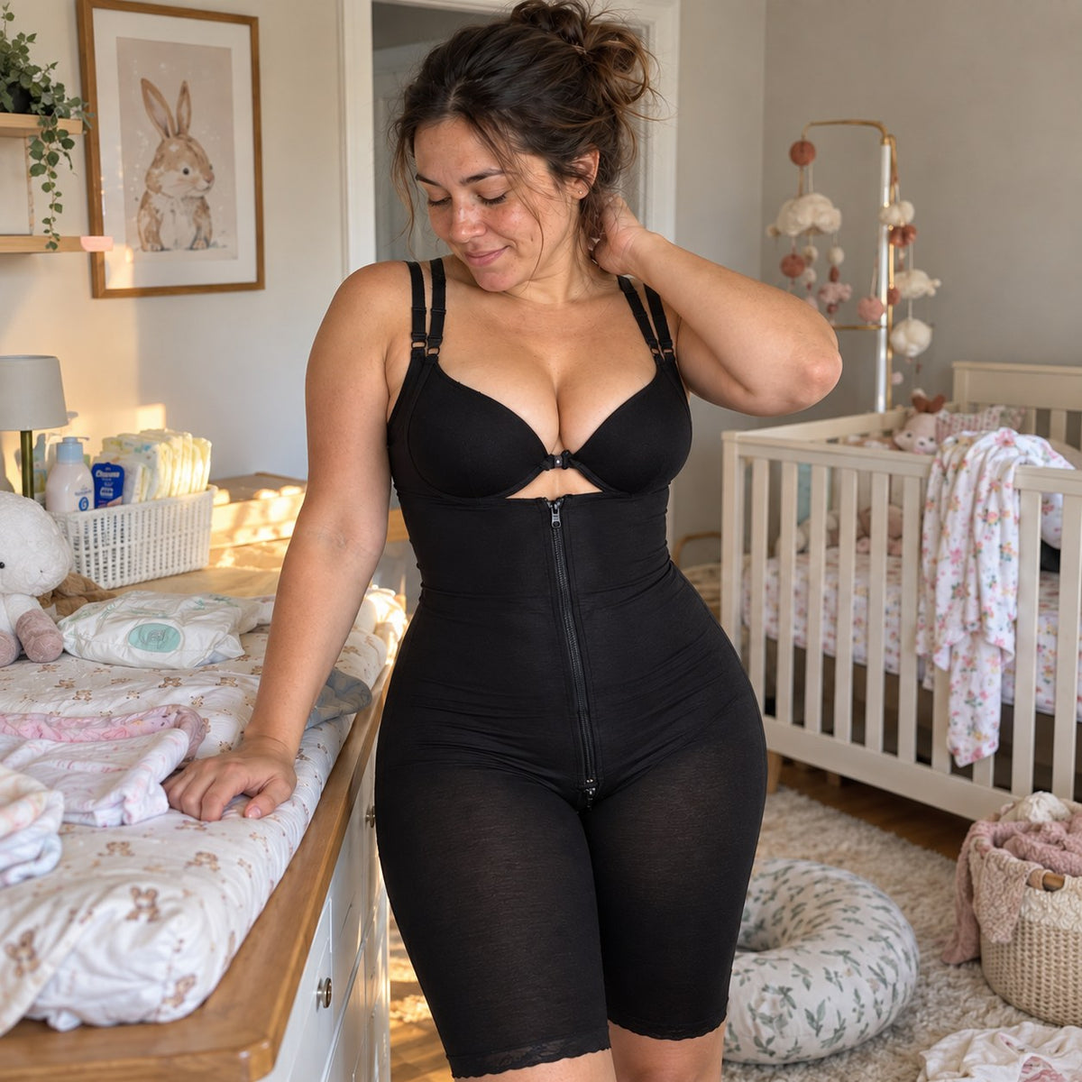 Jeune maman portant la gaine post-partum MWT à bretelles et zip, dans la chambre de son bébé