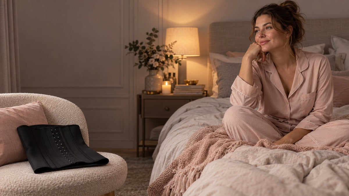 Femme en pyjama assise sur son lit le soir, sa gaine noire posée sur un fauteuil