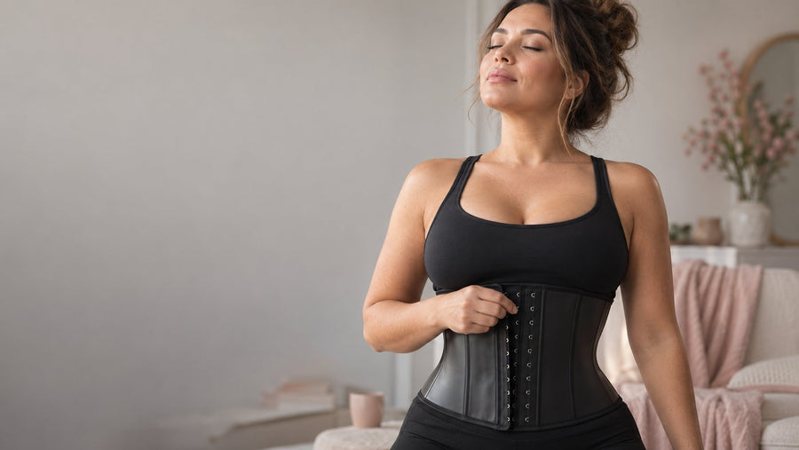 Femme desserrant les agrafes de sa gaine waist trainer et prenant une grande inspiration