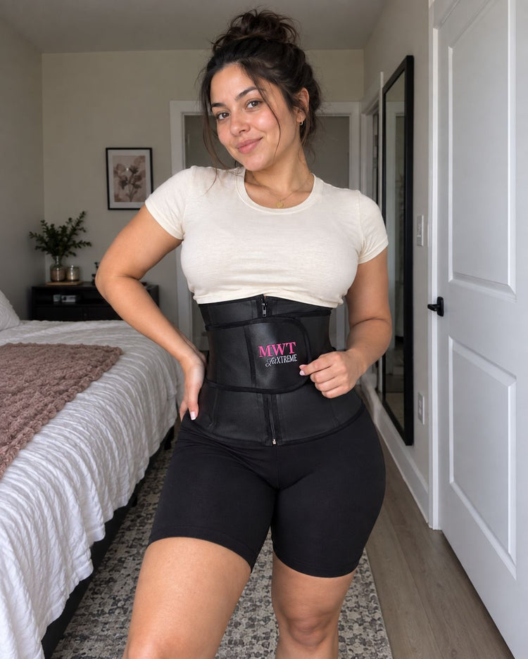 Femme portant la gaine all latex fit XTREME MWT sur un t-shirt, dans sa chambre
