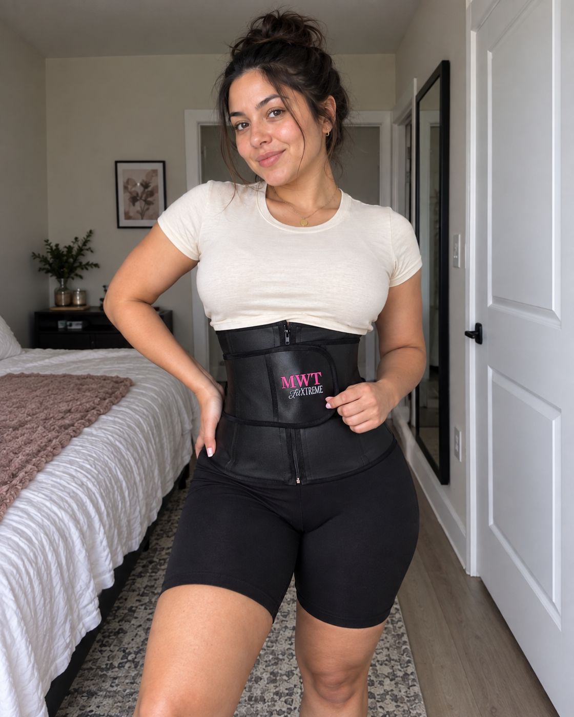 Femme portant la gaine all latex fit XTREME MWT sur un t-shirt, dans sa chambre