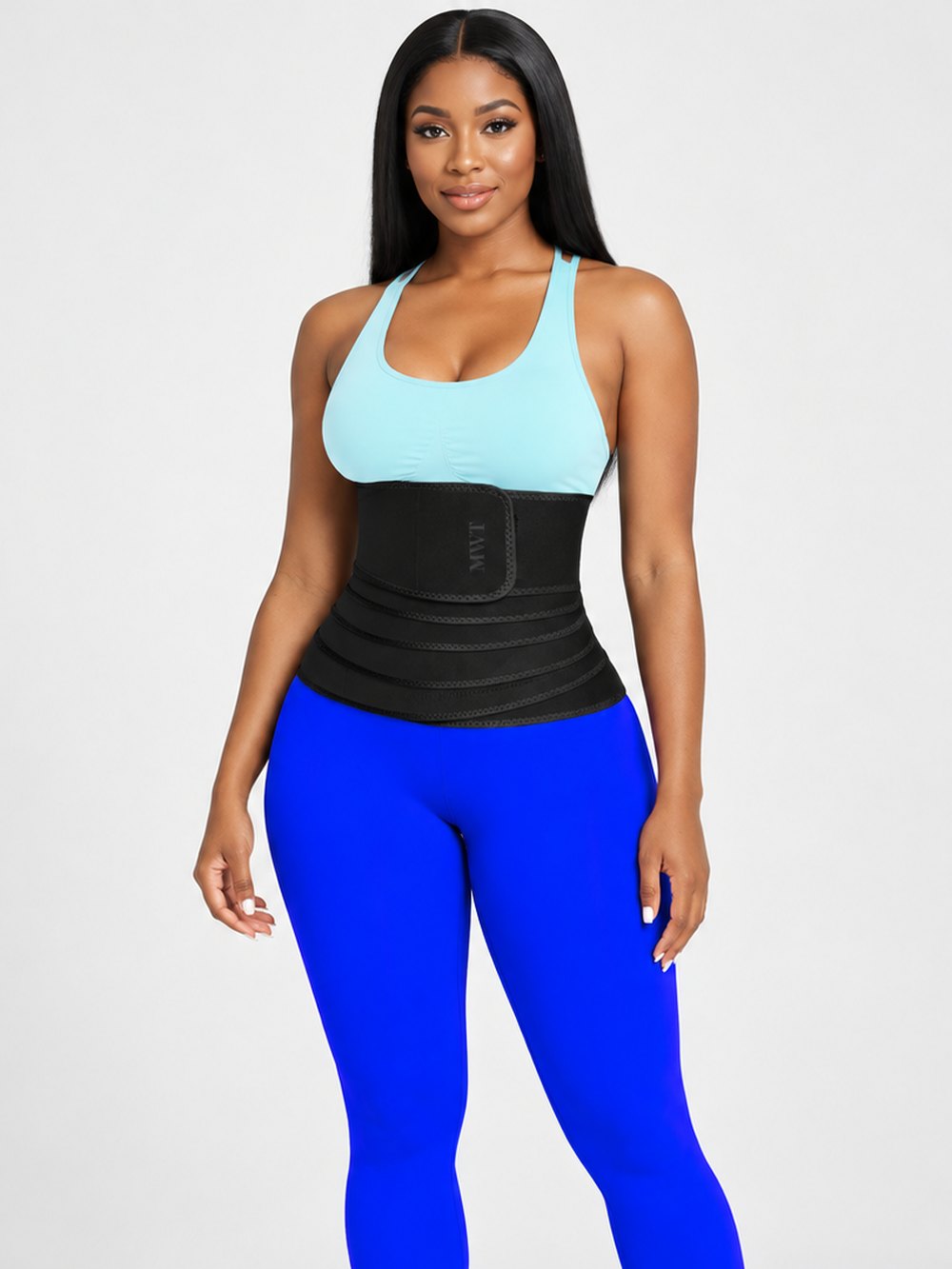 Mannequin portant la ceinture abdominale de sudation MWT noire, vue de face