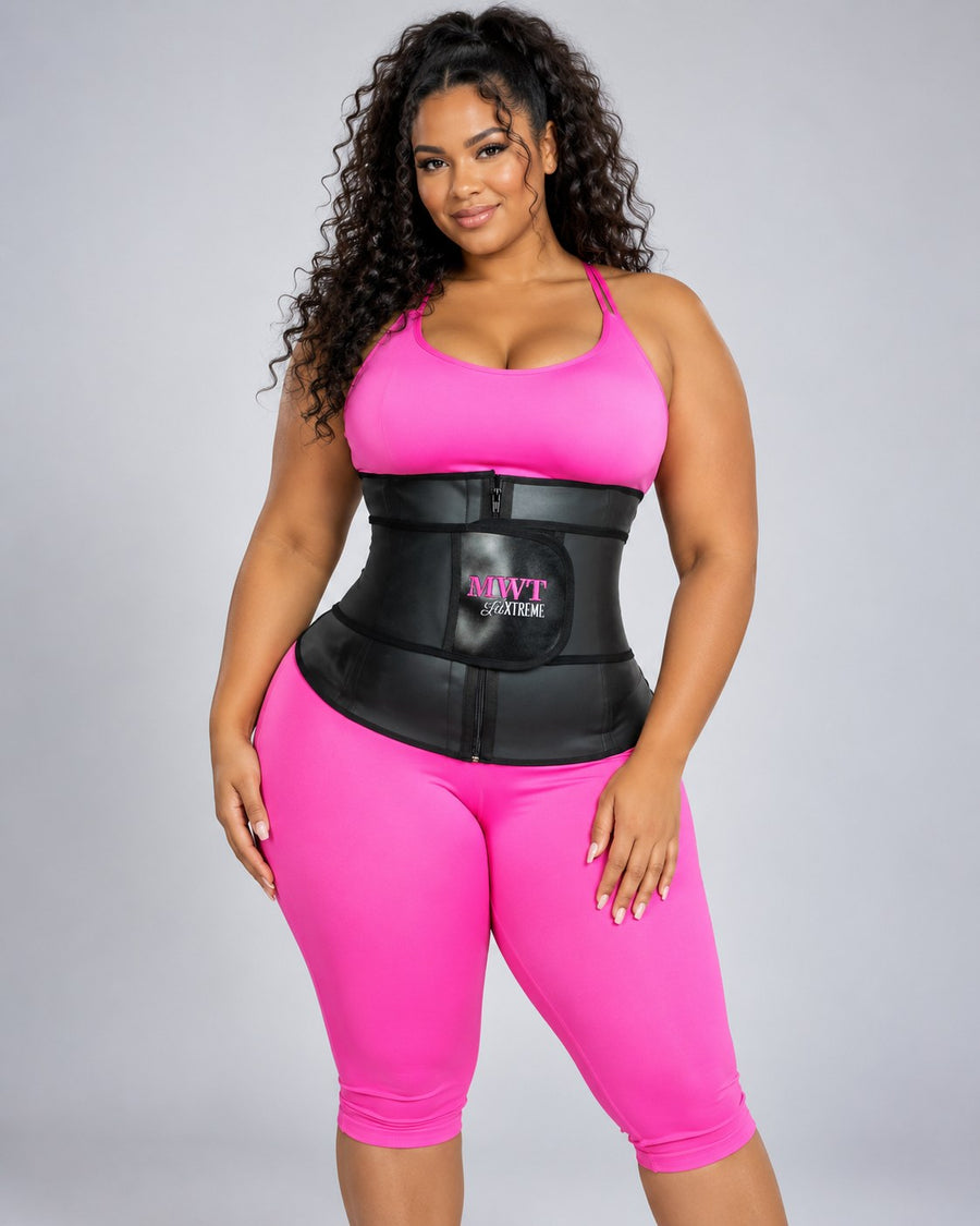 Femme portant la gaine all latex fit XTREME MWT à bande et zip sur une brassière et un legging rose
