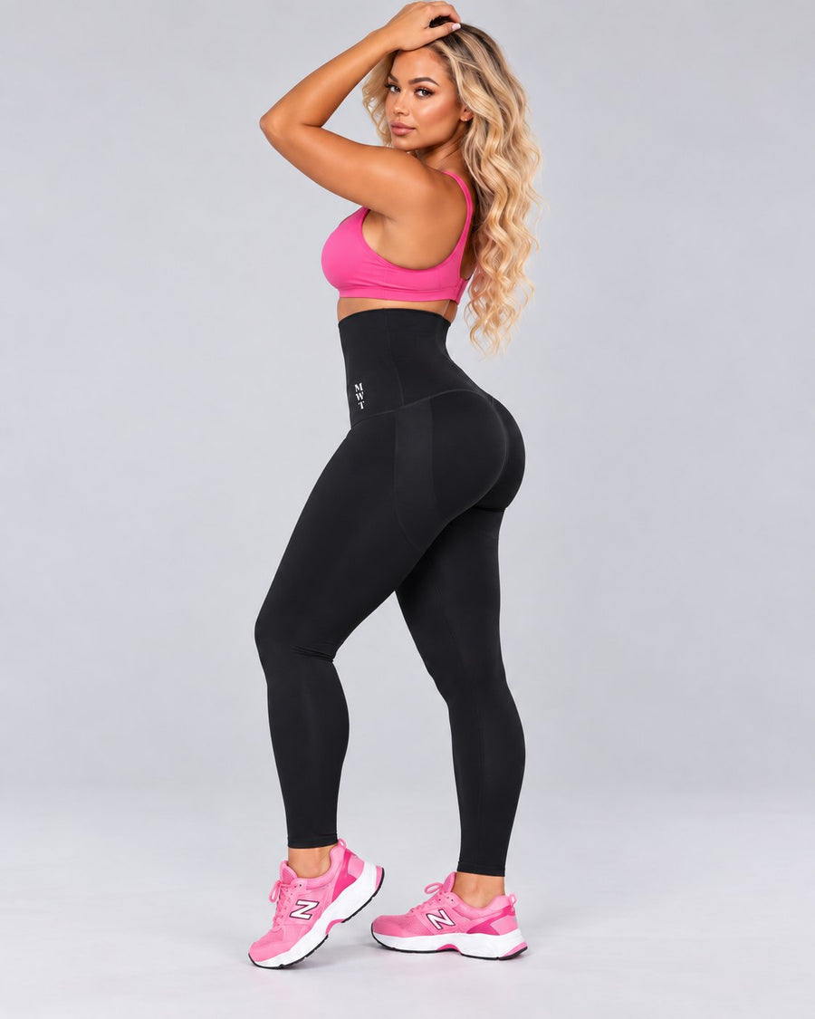 Legging sculptant BBL MWT noir taille haute porté, vue de profil