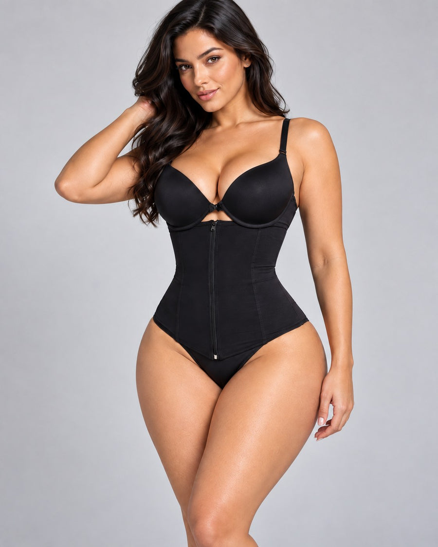 Femme portant le waist cincher double à zip MWT, taille affinée